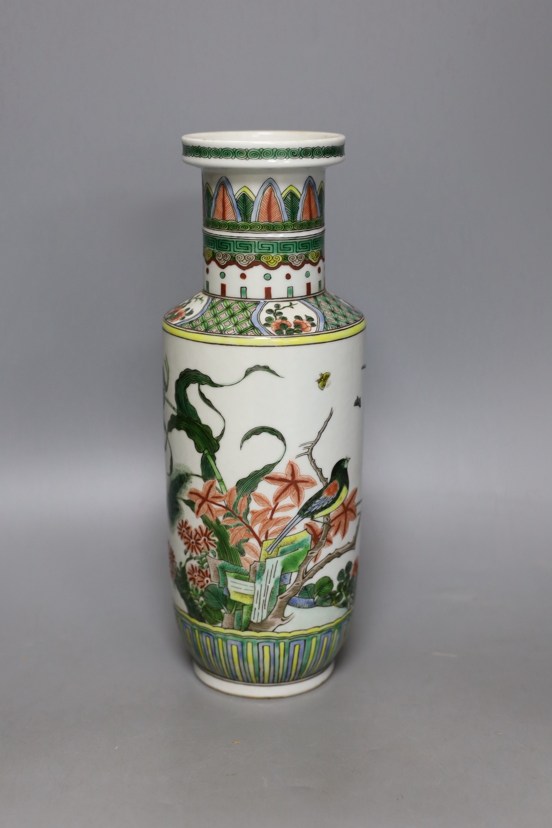 A Chinese famille verte rouleau vase, 28cm